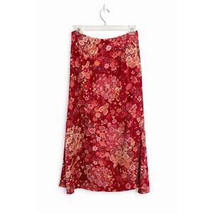 Kathy Lee Collection Red Floral Midi Skirt Womens 10 Slit Sides Boho Y2K